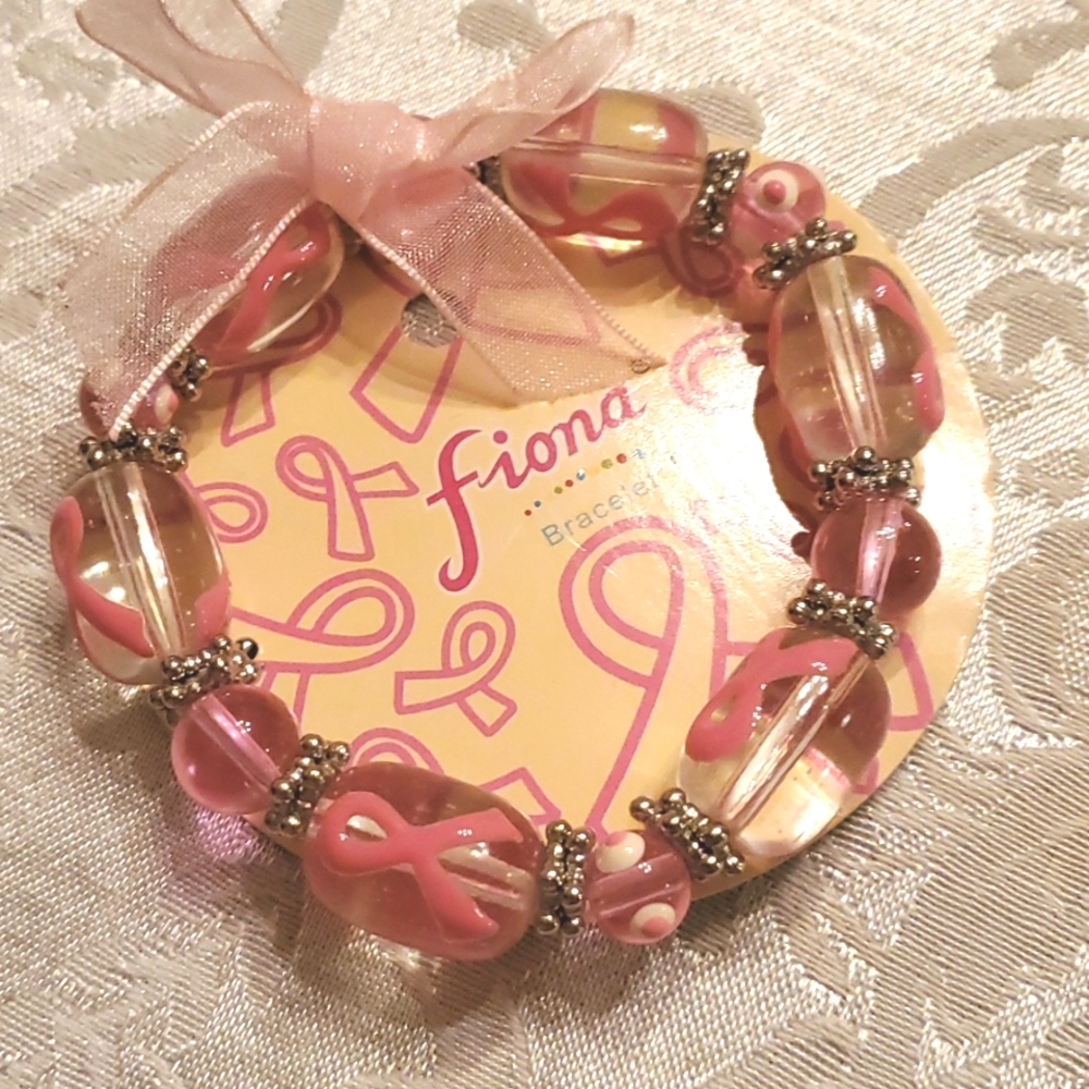 Beaded Breast Cancer Awareness Bracelet new pink ribbon